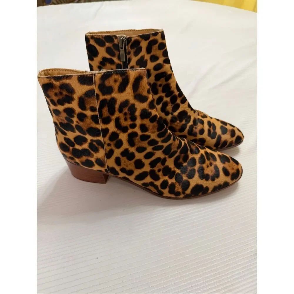 J. Crew Ankle Boots Womens Size 8 Leopard Print Block Heel Leather Zipper Casual